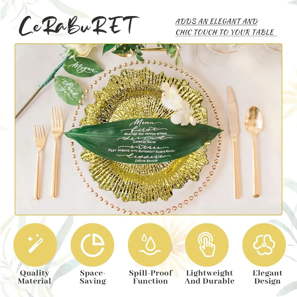 24 Pack Gold Charger Plates Round Plastic Reef Plate Chargers with Flora Reef Design Gold Chargers for Dinner Plates - Image 2