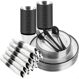 175PCS Clear and Black Plates Set for 25 Guests 50 Plastic Plates 25 Cups 25 PreRolled Napkins with Plastic Cutlery