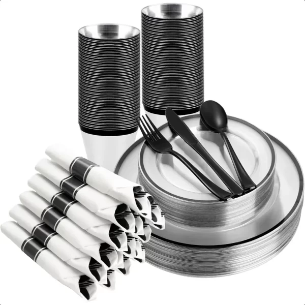175PCS Clear and Black Plates Set for 25 Guests 50 Plastic Plates 25 Cups 25 PreRolled Napkins with Plastic Cutlery