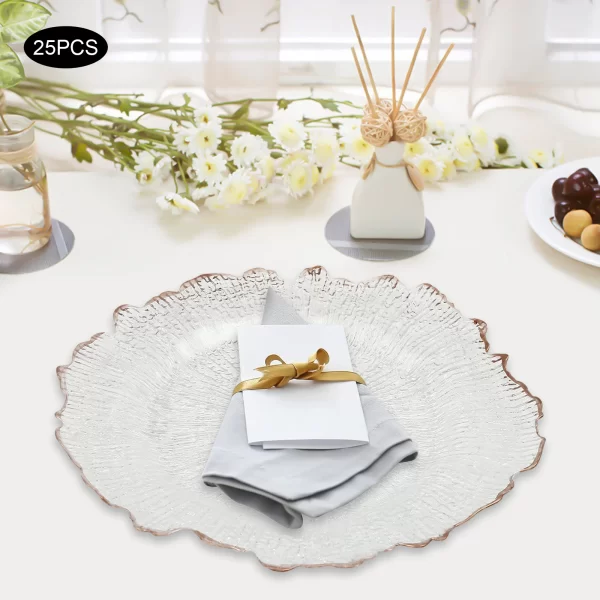 Clear Charger Plates 25 Pieces Rose Gold Flower Shape PS Hot Stamping Dinner Table Charger Plates - Image 6