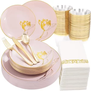 175PCS Pink Plastic Plates-Disposable Plates Include 50Plates, 25Forks, 25Knives, 25Spoons, 25Cups, 25Napkins Perfect