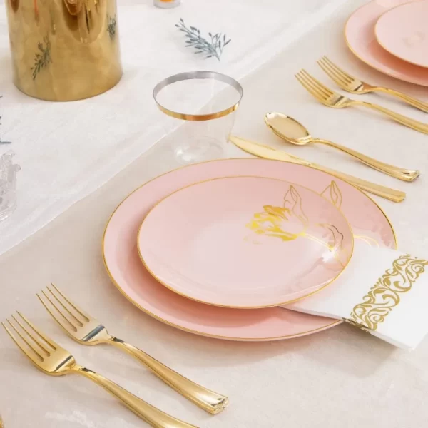 175PCS Pink Plastic Plates-Disposable Plates Include 50Plates, 25Forks, 25Knives, 25Spoons, 25Cups, 25Napkins Perfect - Image 4
