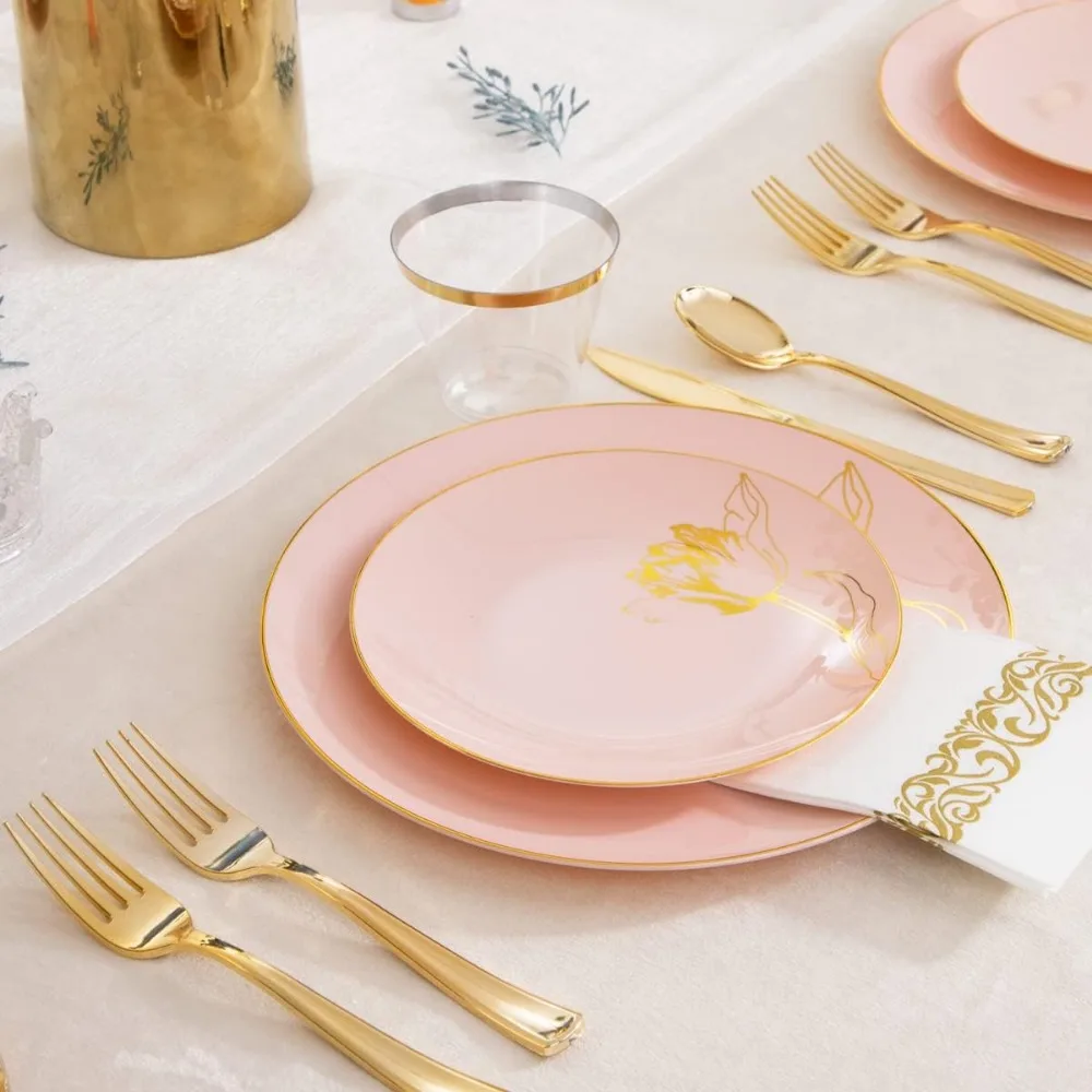 175PCS Pink Plastic Plates-Disposable Plates Include 50Plates, 25Forks, 25Knives, 25Spoons, 25Cups, 25Napkins Perfect - Image 4