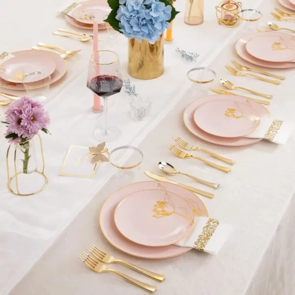 175PCS Pink Plastic Plates-Disposable Plates Include 50Plates, 25Forks, 25Knives, 25Spoons, 25Cups, 25Napkins Perfect - Image 5