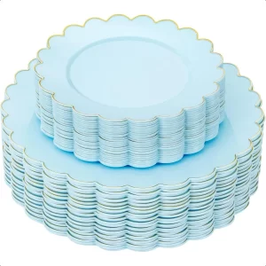 LIYH 60 Pcs Baby Blue Plastic Plates with Gold Edge Light Blue Plastic Plates Includes 30 Dinner Plate 10.25 and 30 Dert Plate