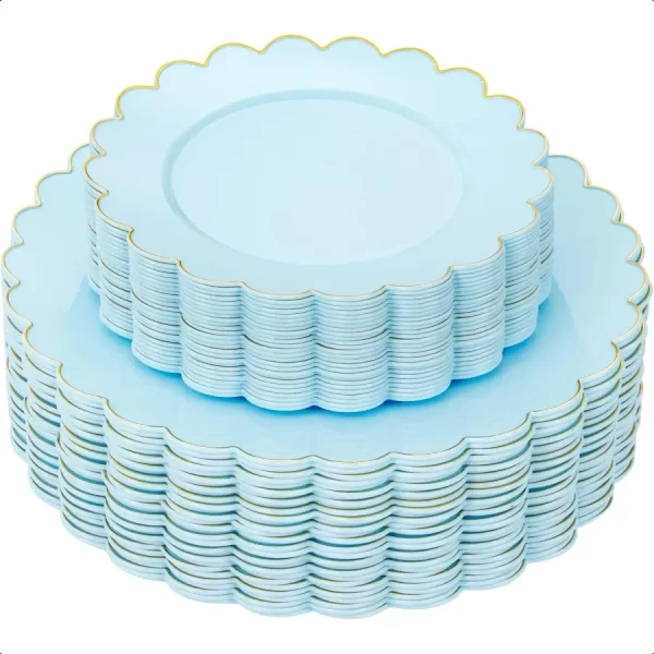 LIYH 60 Pcs Baby Blue Plastic Plates with Gold Edge Light Blue Plastic Plates Includes 30 Dinner Plate 10.25 and 30 Dert Plate