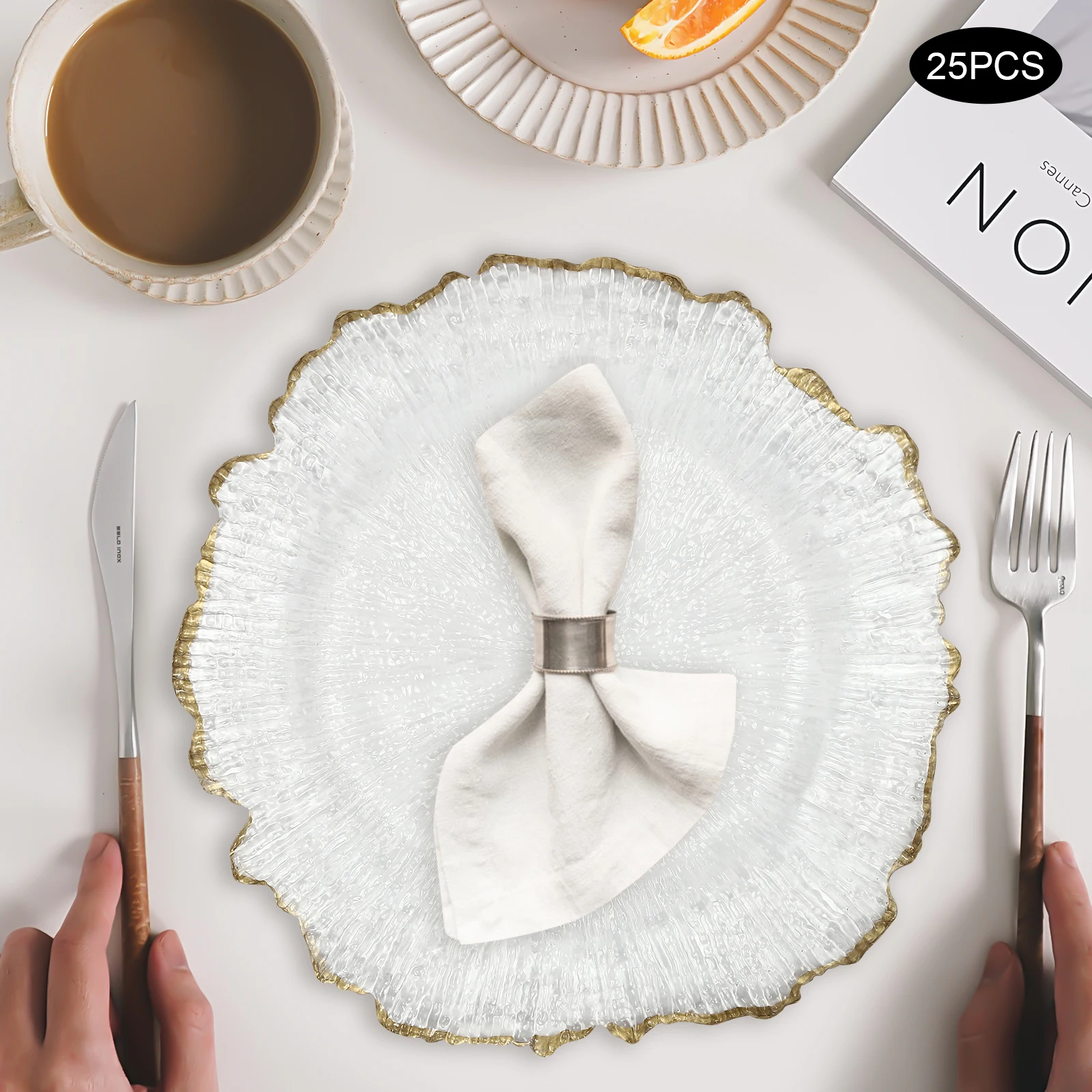 25 Pcs Clear Gold Flower Charger Plates Table Dinner Plates Hot Stamping Sturdy Easy Clean For Family Party Business - Image 3
