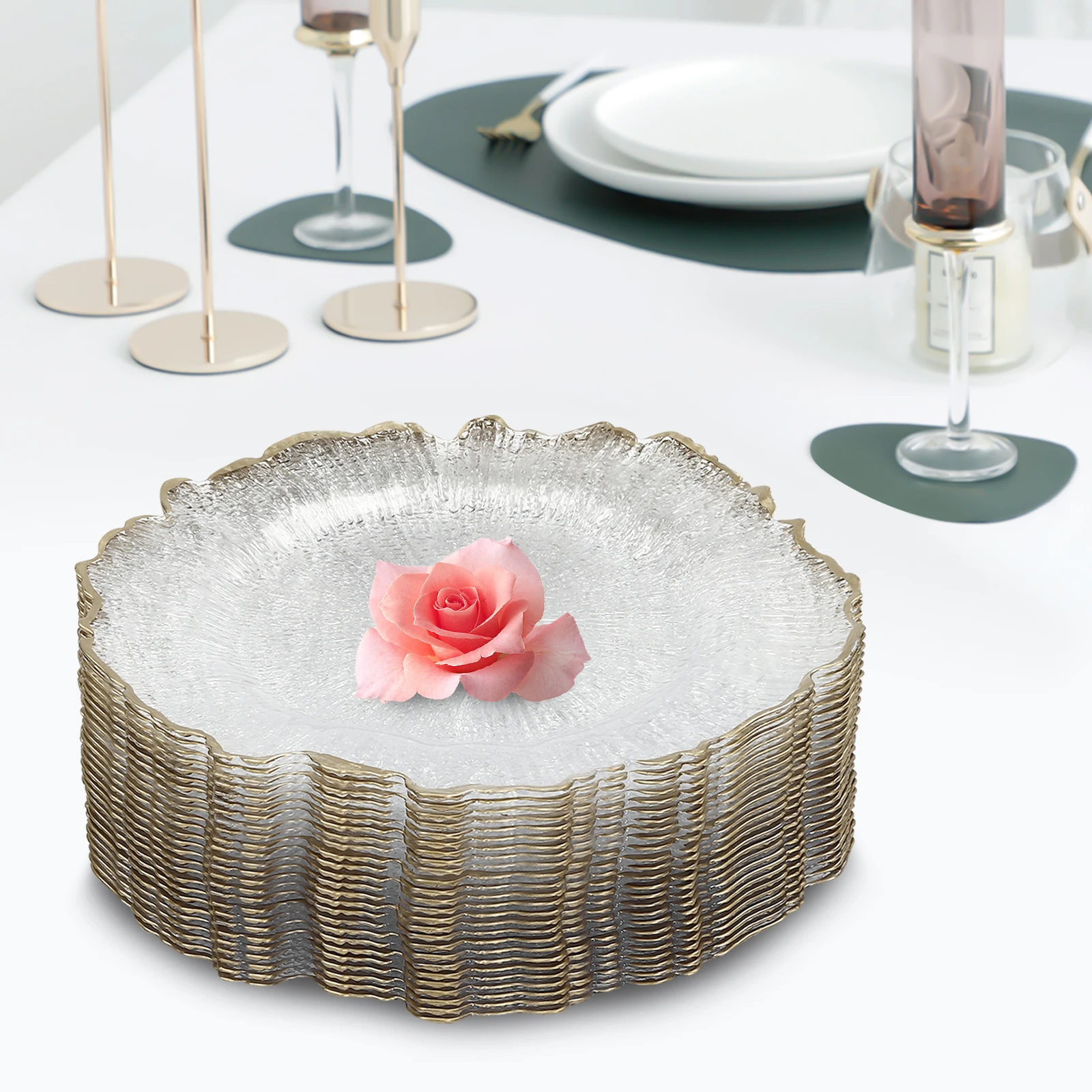 25 Pcs Clear Gold Flower Charger Plates Table Dinner Plates Hot Stamping Sturdy Easy Clean For Family Party Business - Image 4