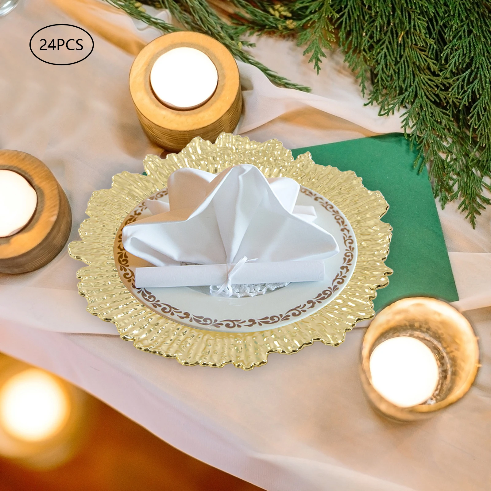 24pcs 13" Chargers Plate Round Gold Salad Reef Plate for Wedding Dinner Plate Decor, Party Celebrations - Image 4