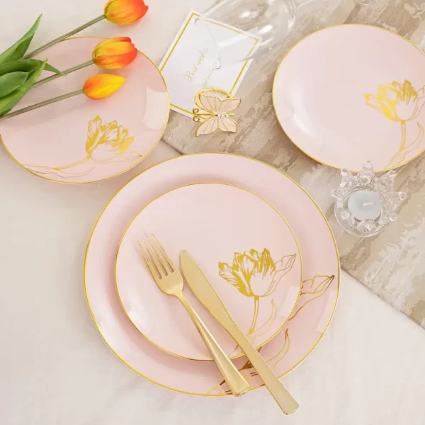 175PCS Pink Plastic Plates-Disposable Plates Include 50Plates, 25Forks, 25Knives, 25Spoons, 25Cups, 25Napkins Perfect - Image 3