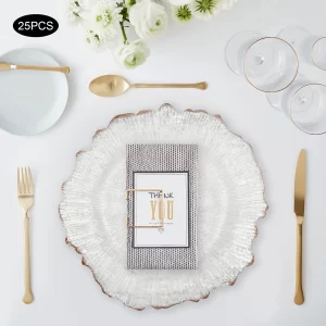Clear Charger Plates 25 Pieces Rose Gold Flower Shape PS Hot Stamping Dinner Table Charger Plates