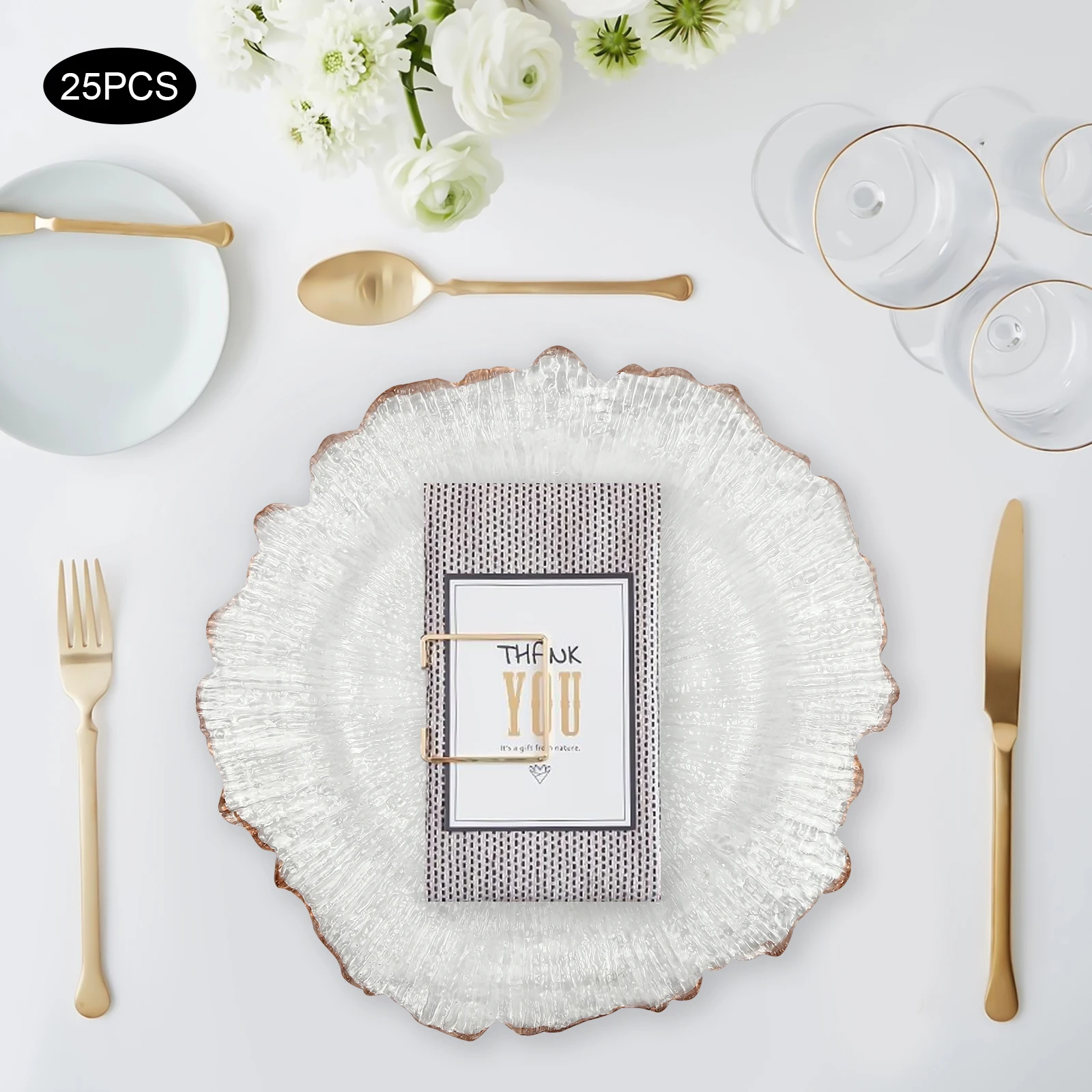 Clear Charger Plates 25 Pieces Rose Gold Flower Shape PS Hot Stamping Dinner Table Charger Plates