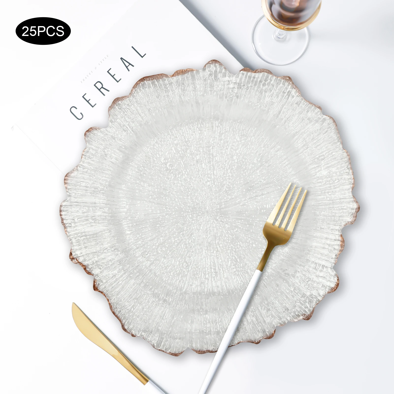 Clear Charger Plates 25 Pieces Rose Gold Flower Shape PS Hot Stamping Dinner Table Charger Plates - Image 3