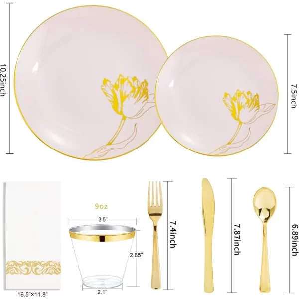 175PCS Pink Plastic Plates-Disposable Plates Include 50Plates, 25Forks, 25Knives, 25Spoons, 25Cups, 25Napkins Perfect - Image 6