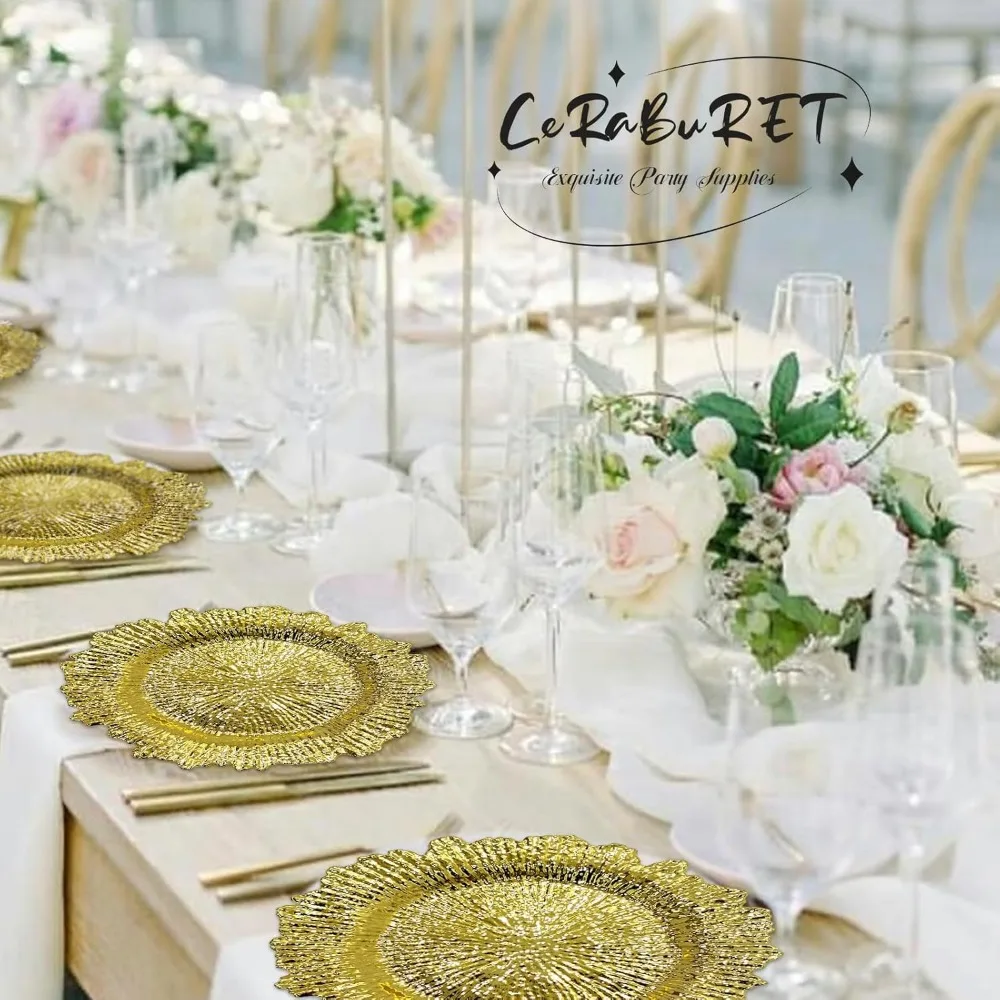 24 Pack Gold Charger Plates Round Plastic Reef Plate Chargers with Flora Reef Design Gold Chargers for Dinner Plates - Image 6