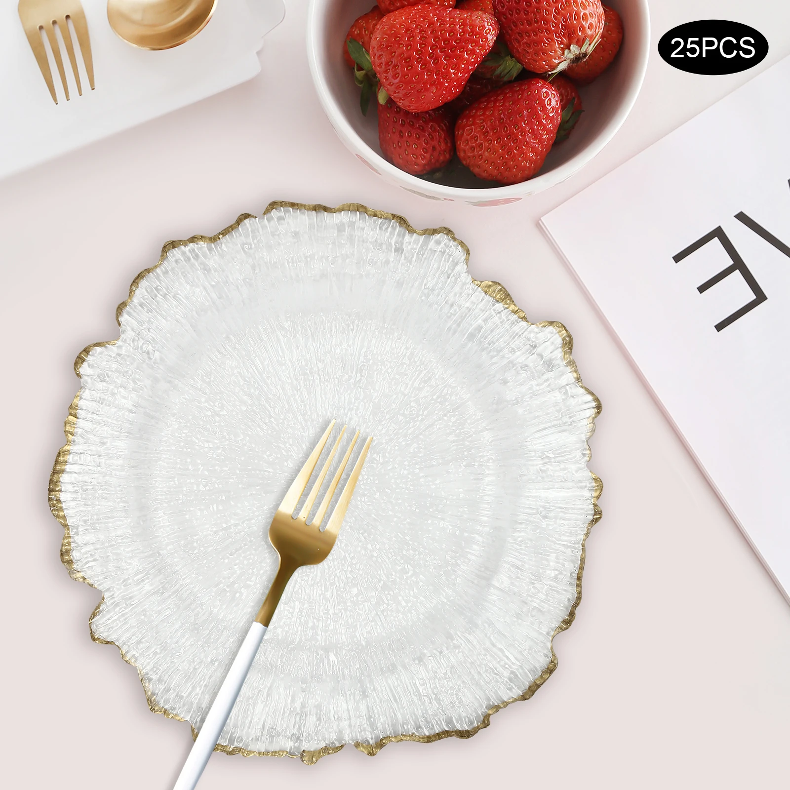 25 Pcs Clear Gold Flower Charger Plates Table Dinner Plates Hot Stamping Sturdy Easy Clean For Family Party Business - Image 2