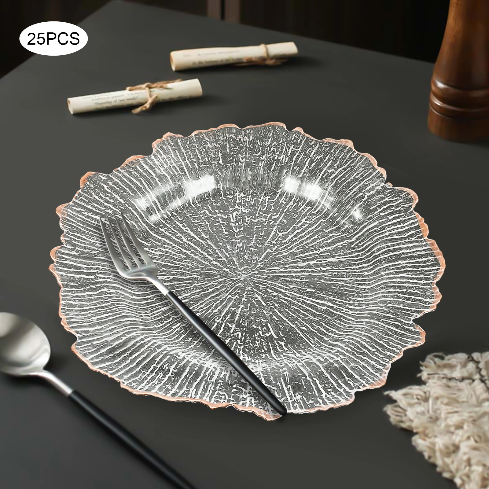 Clear Charger Plates 25 Pieces Rose Gold Flower Shape PS Hot Stamping Dinner Table Charger Plates - Image 2