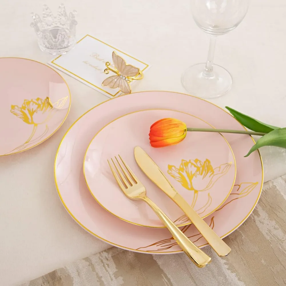 175PCS Pink Plastic Plates-Disposable Plates Include 50Plates, 25Forks, 25Knives, 25Spoons, 25Cups, 25Napkins Perfect - Image 2