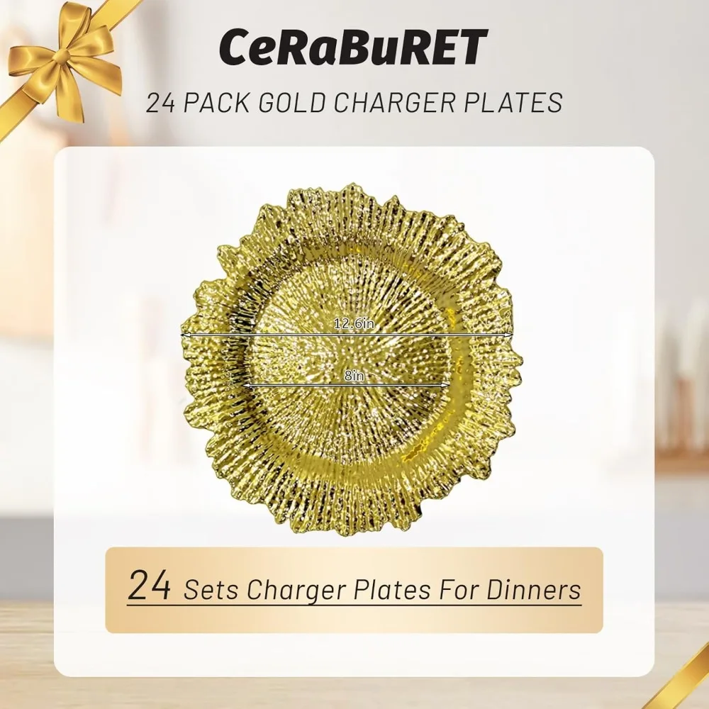 24 Pack Gold Charger Plates Round Plastic Reef Plate Chargers with Flora Reef Design Gold Chargers for Dinner Plates - Image 3